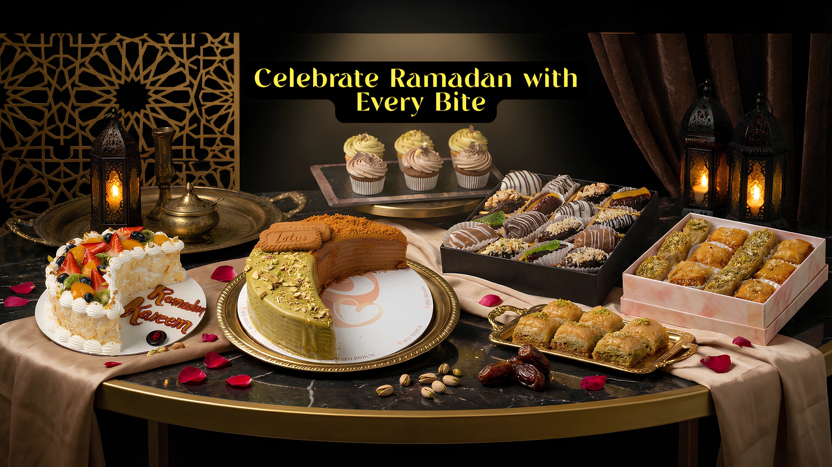ramadan iftar family gathering in dubai with premium ramadan cakes, pistachio cake, baklava box and cupcakes on traditional table