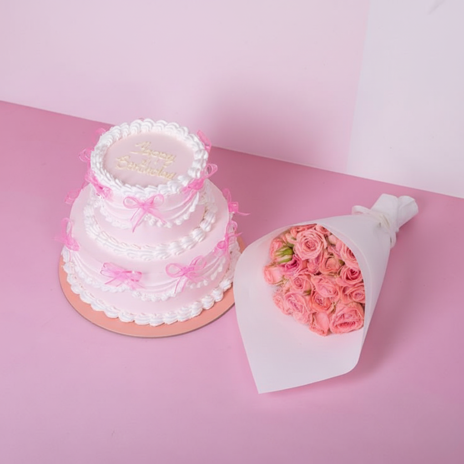 Pink Ribbon Cake & Flower Combo