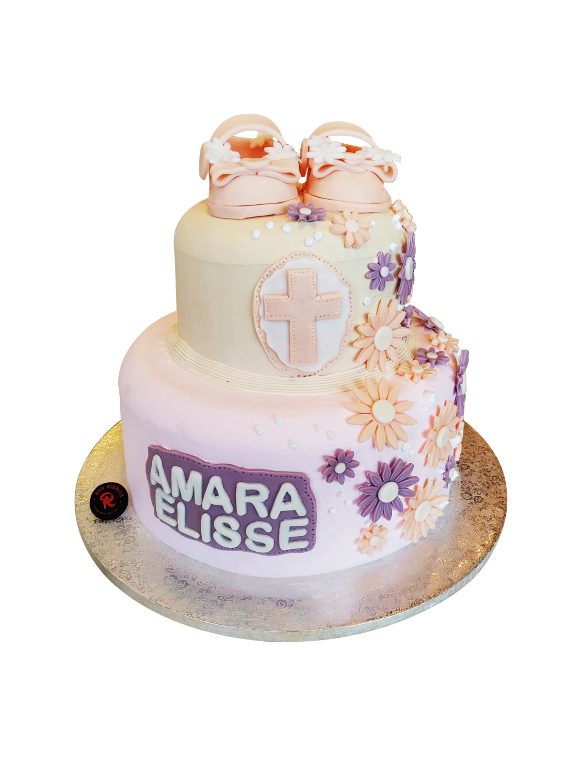angel blessings christening cake for baby girl with soft pink design and elegant fondant details