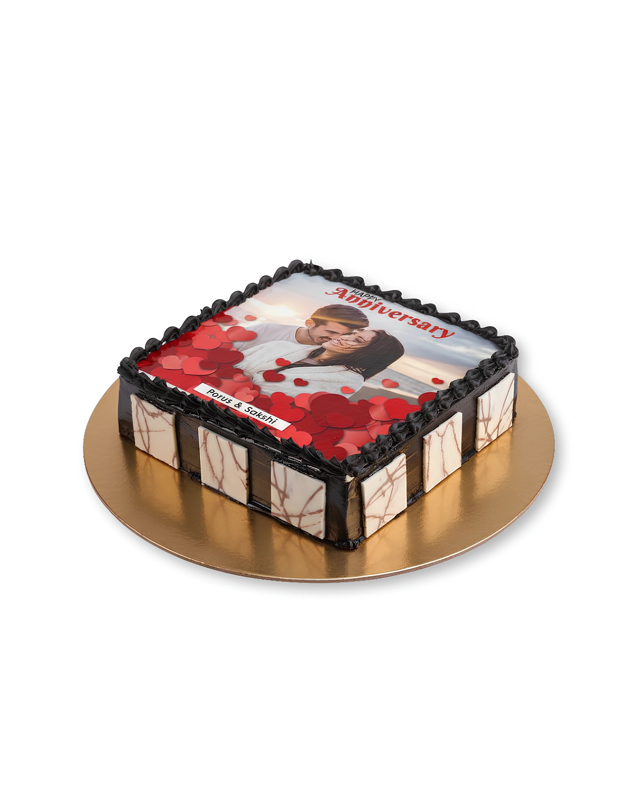 Personalized anniversary photo cake with custom couple image and chocolate design, custom photo cake delivery in Dubai