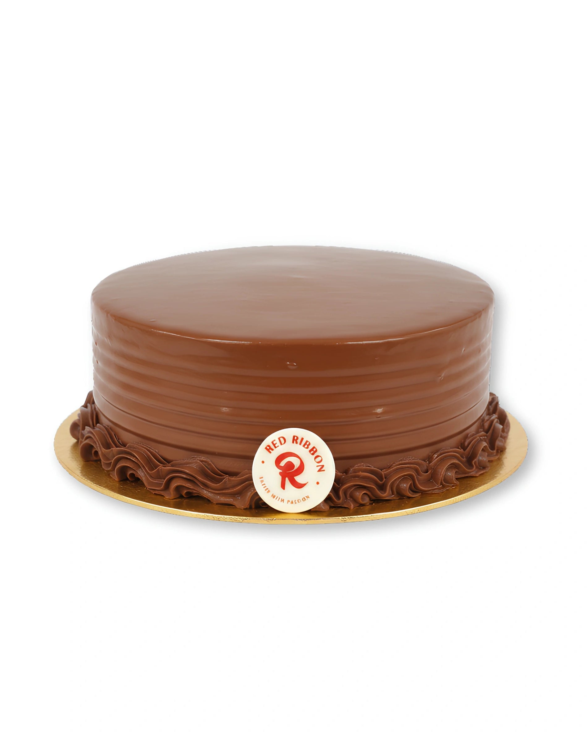 Belgian chocolate cake with smooth milk chocolate frosting, glossy finish, classic round design, and elegant cream border on a gold cake board