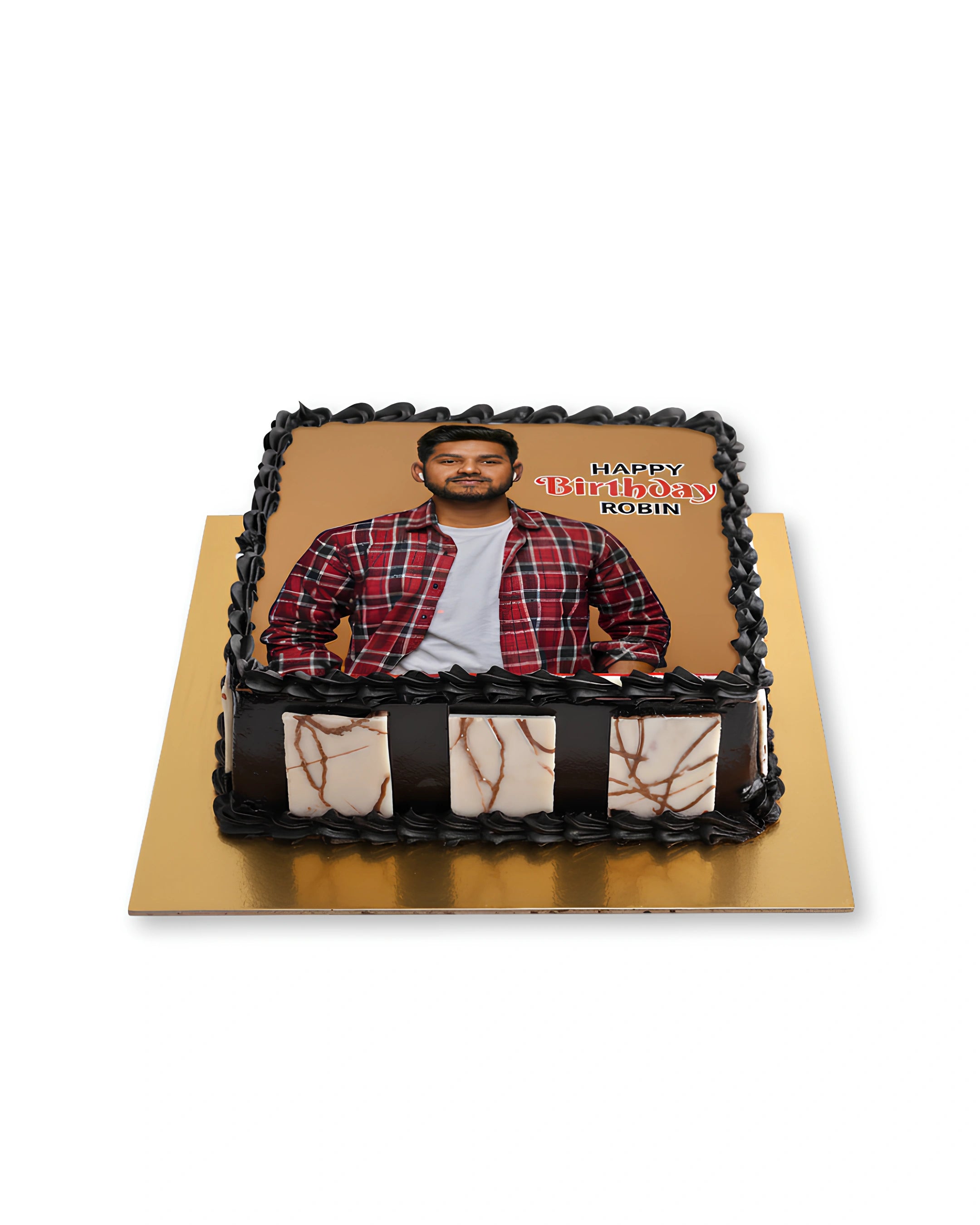 Custom birthday photo square cake with personalized image and chocolate finish, birthday photo cake delivery in Dubai