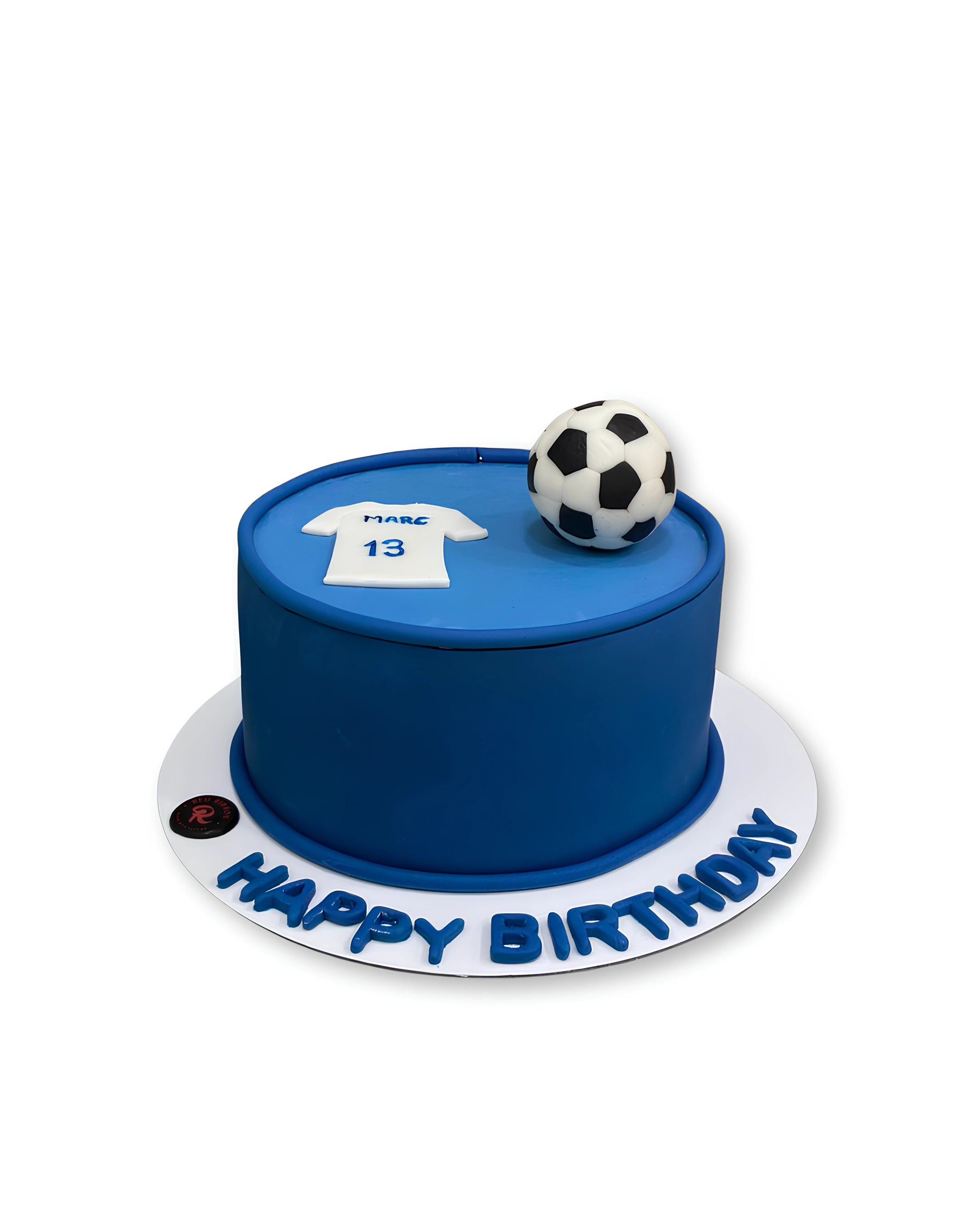 Blue football themed birthday cake by Red Ribbon Cakes with jersey topper and football design, custom sports cake in Dubai