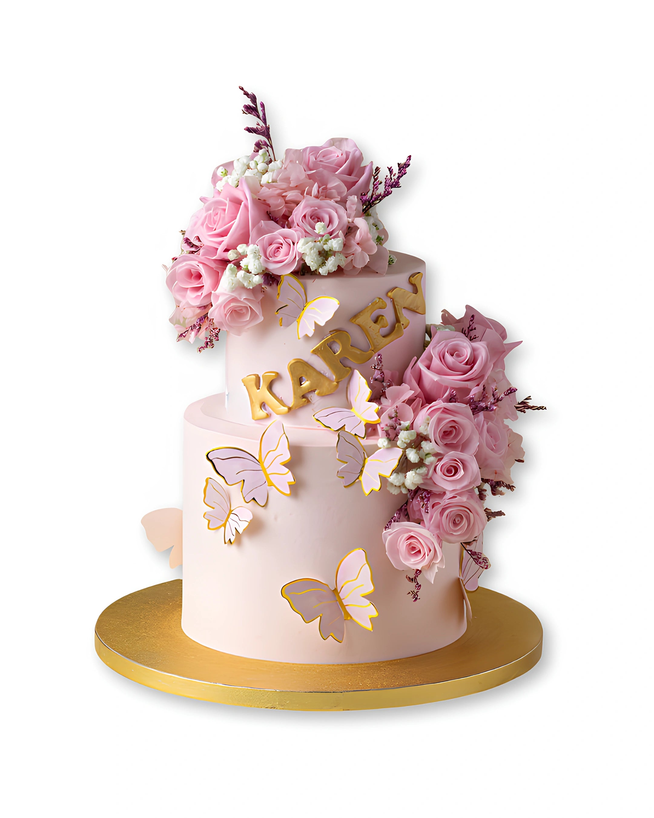 Blushing butterfly wedding cake with pink florals and butterfly accents, elegant wedding cake design by Red Ribbon Cakes Dubai