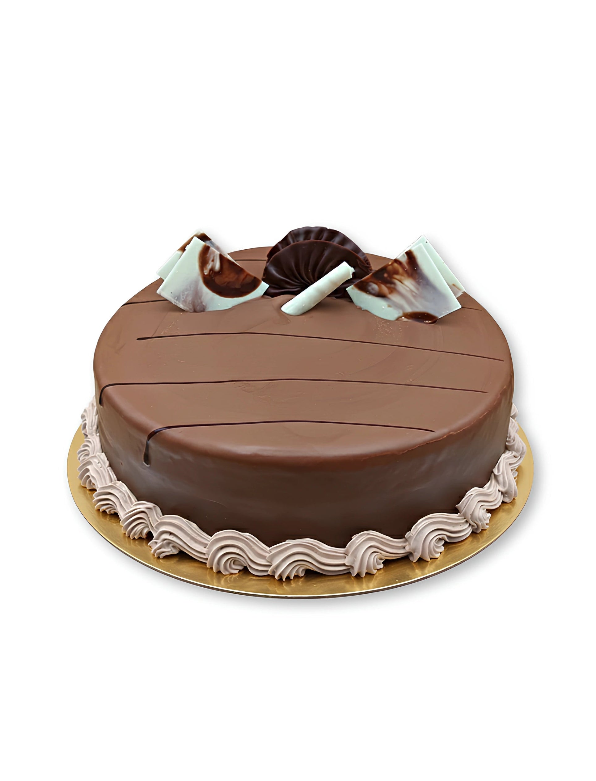 Choco hazelnut cake with smooth milk chocolate glaze, hazelnut-infused cream layers, white and dark chocolate decorations, and piped cream border on a gold cake board