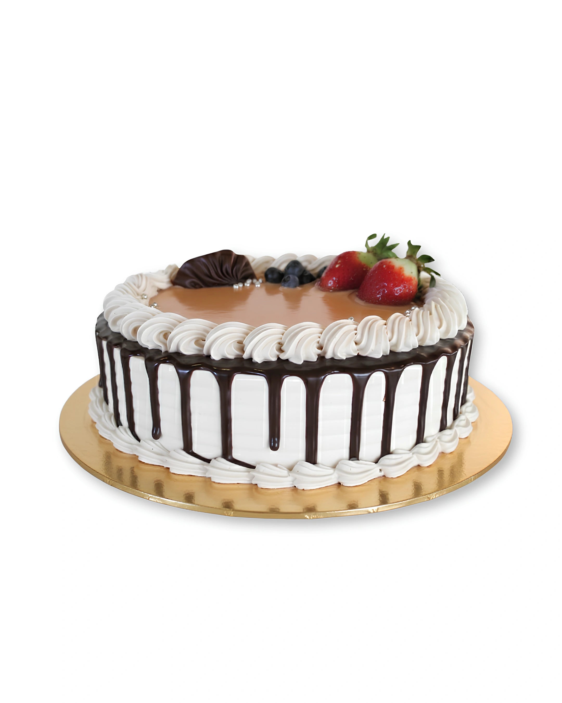 Choco loco delight cake with vanilla cream frosting, chocolate drip glaze, caramel topping, fresh strawberries and blueberries, and piped cream borders on a gold cake board