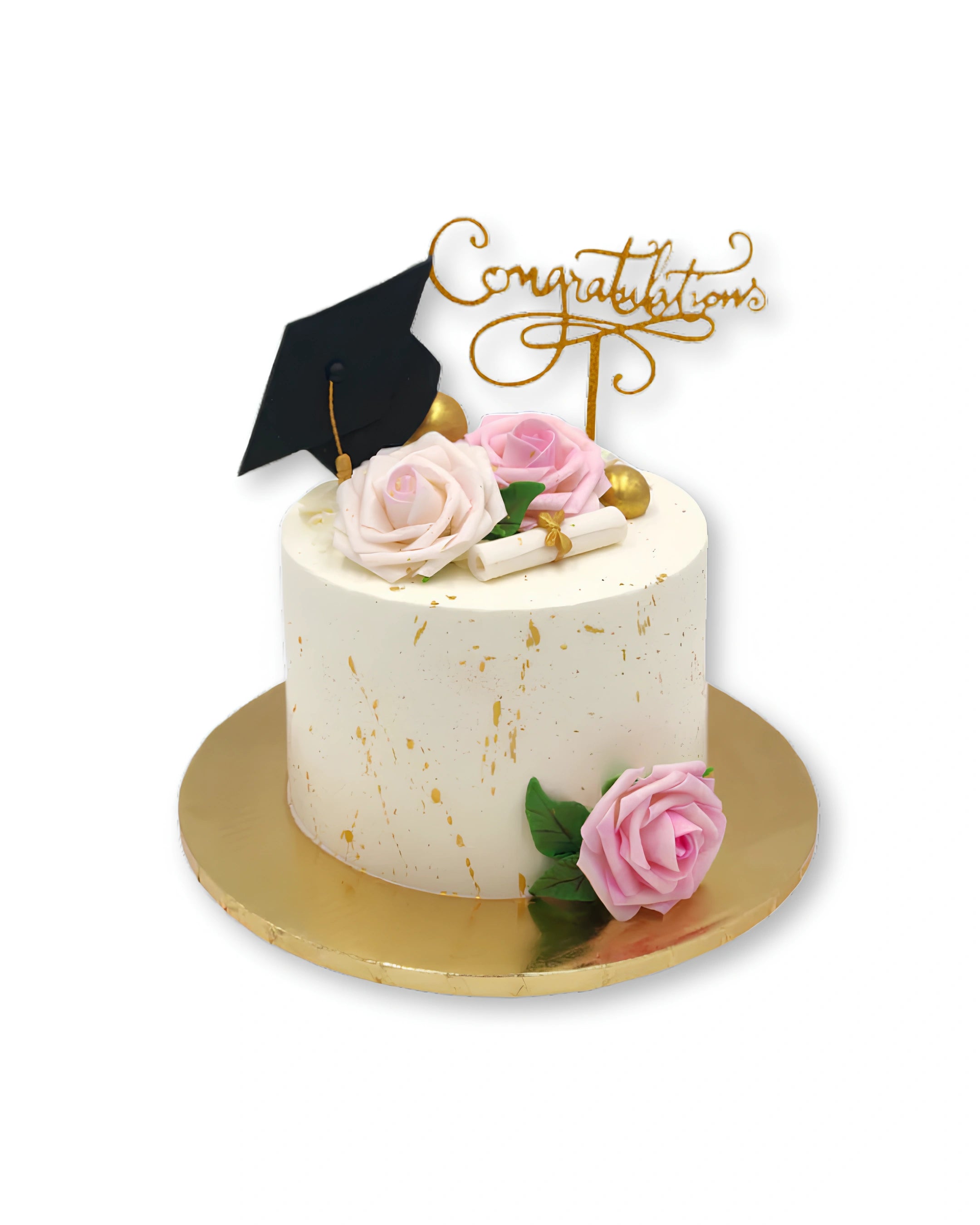 Classic floral graduation cake with fresh pink roses and graduation cap topper, elegant graduation celebration cake by Red Ribbon Cakes Dubai