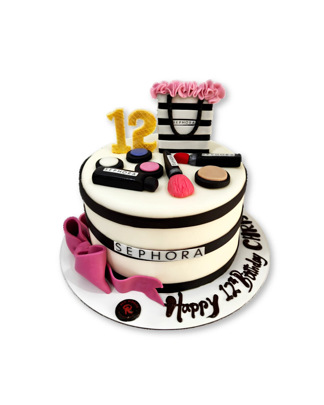 glam queen makeup theme birthday cake with cosmetics and beauty fondant design