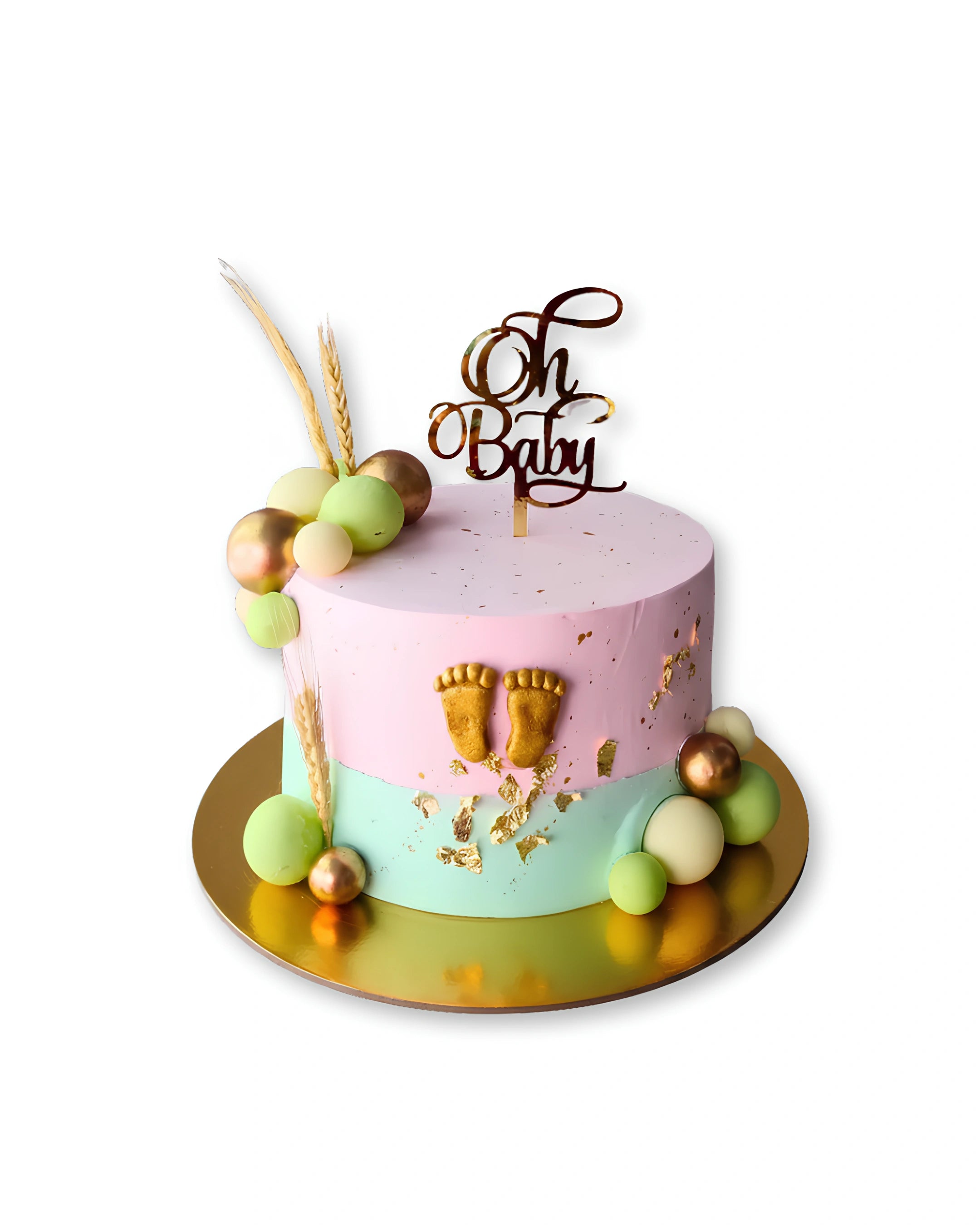 Golden footprints baby shower cake with pastel colors and baby feet design, luxury baby shower cake by Red Ribbon Cakes Dubai