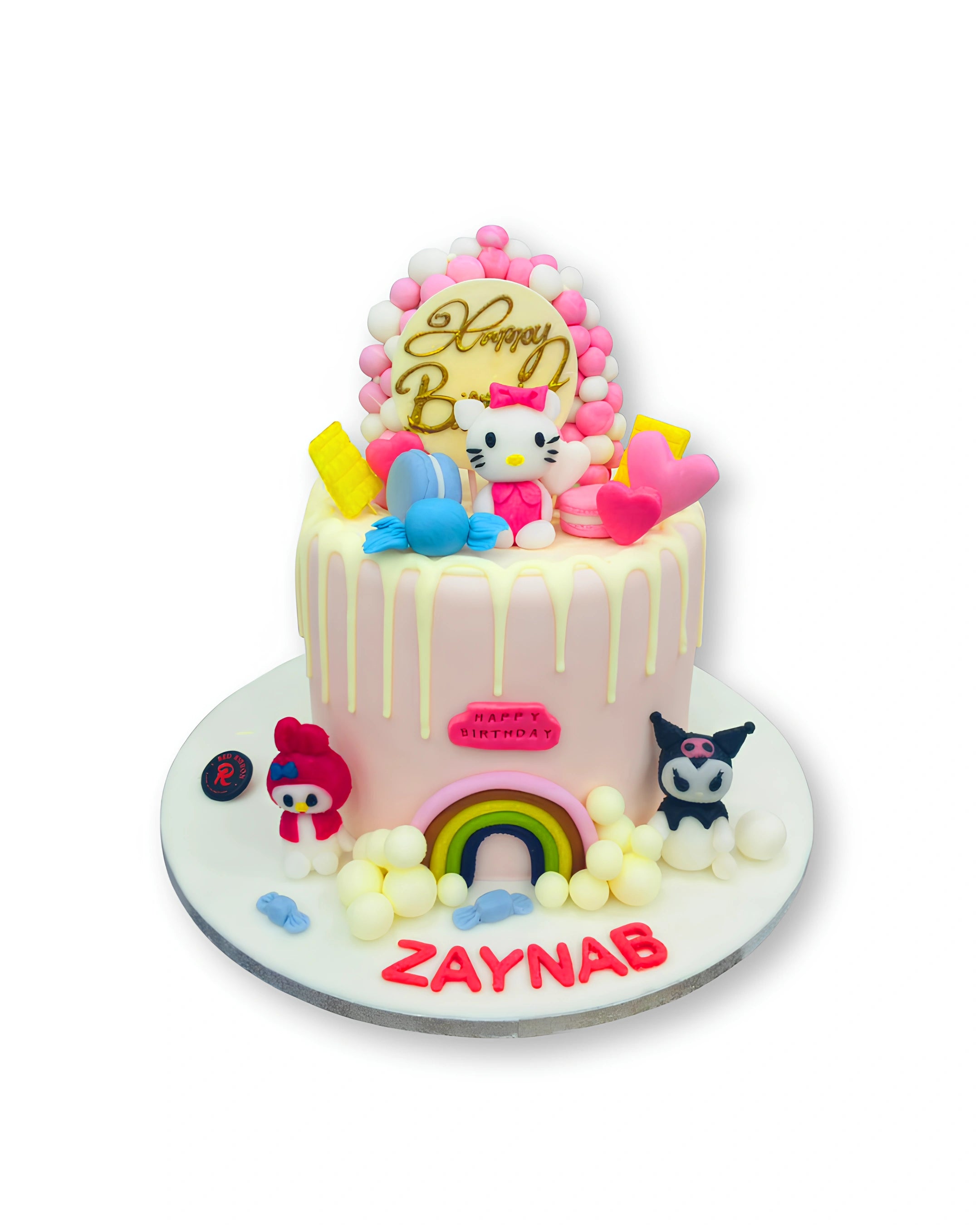 Hello Kitty themed birthday cake with pastel pink frosting, cute character toppers and custom name design, kids birthday cake delivery in Dubai