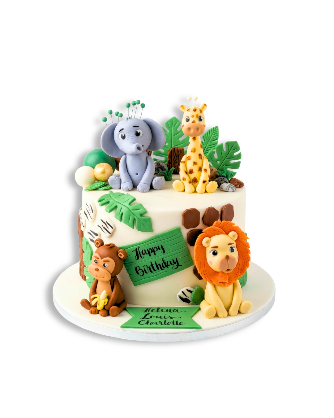 Jungle Safari themed cake by Red Ribbon Cakes with cute animal toppers, fun birthday cake for kids in Dubai