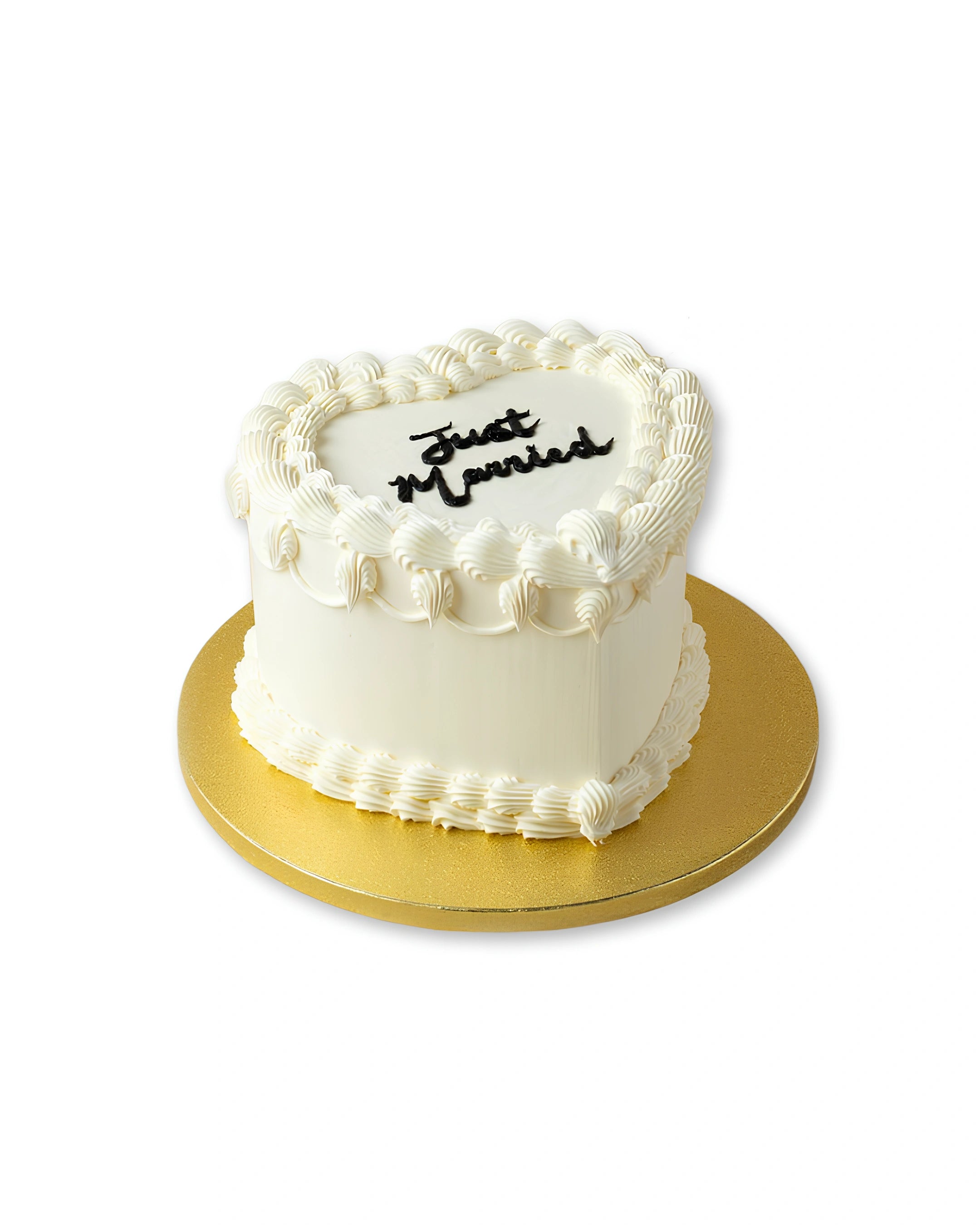 Just married wedding cake with white buttercream finish and elegant piping, classic wedding cake by Red Ribbon Cakes Dubai