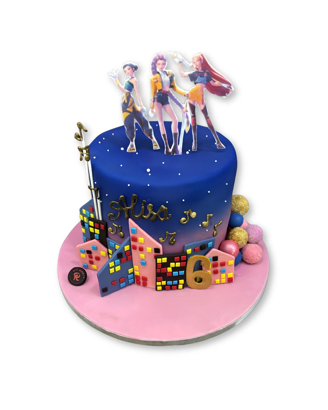k pop demon hunters theme birthday cake with bold anime style and vibrant character design