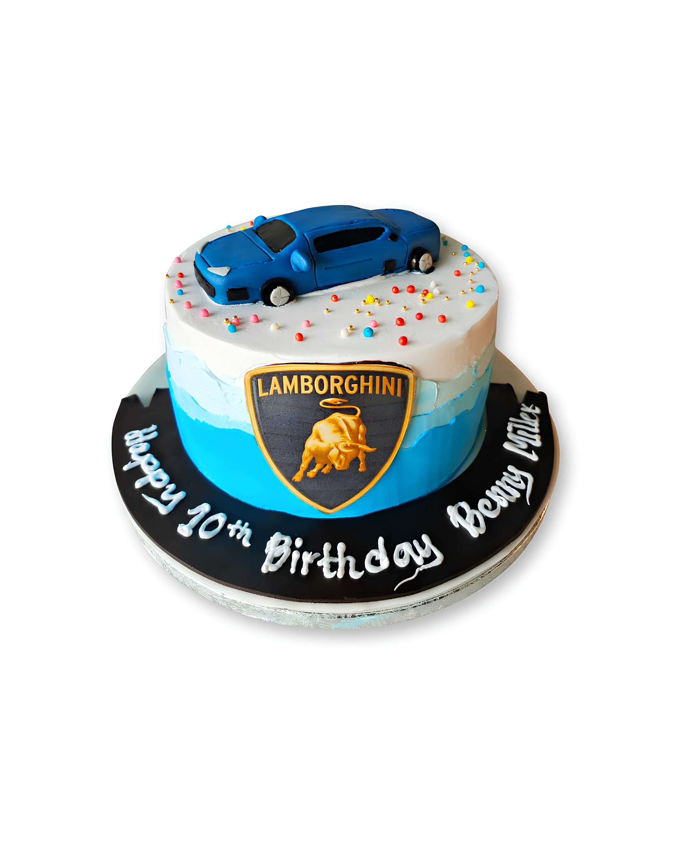 Lamborghini themed cake by Red Ribbon Cakes with luxury car topper, premium birthday cake for car lovers in Dubai