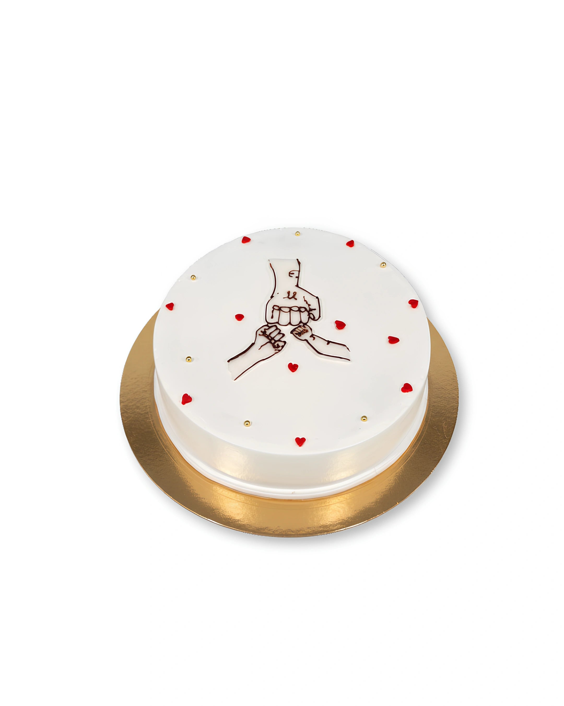 Little hands baby shower cake with white frosting and baby hand illustration, elegant baby shower cake by Red Ribbon Cakes Dubai