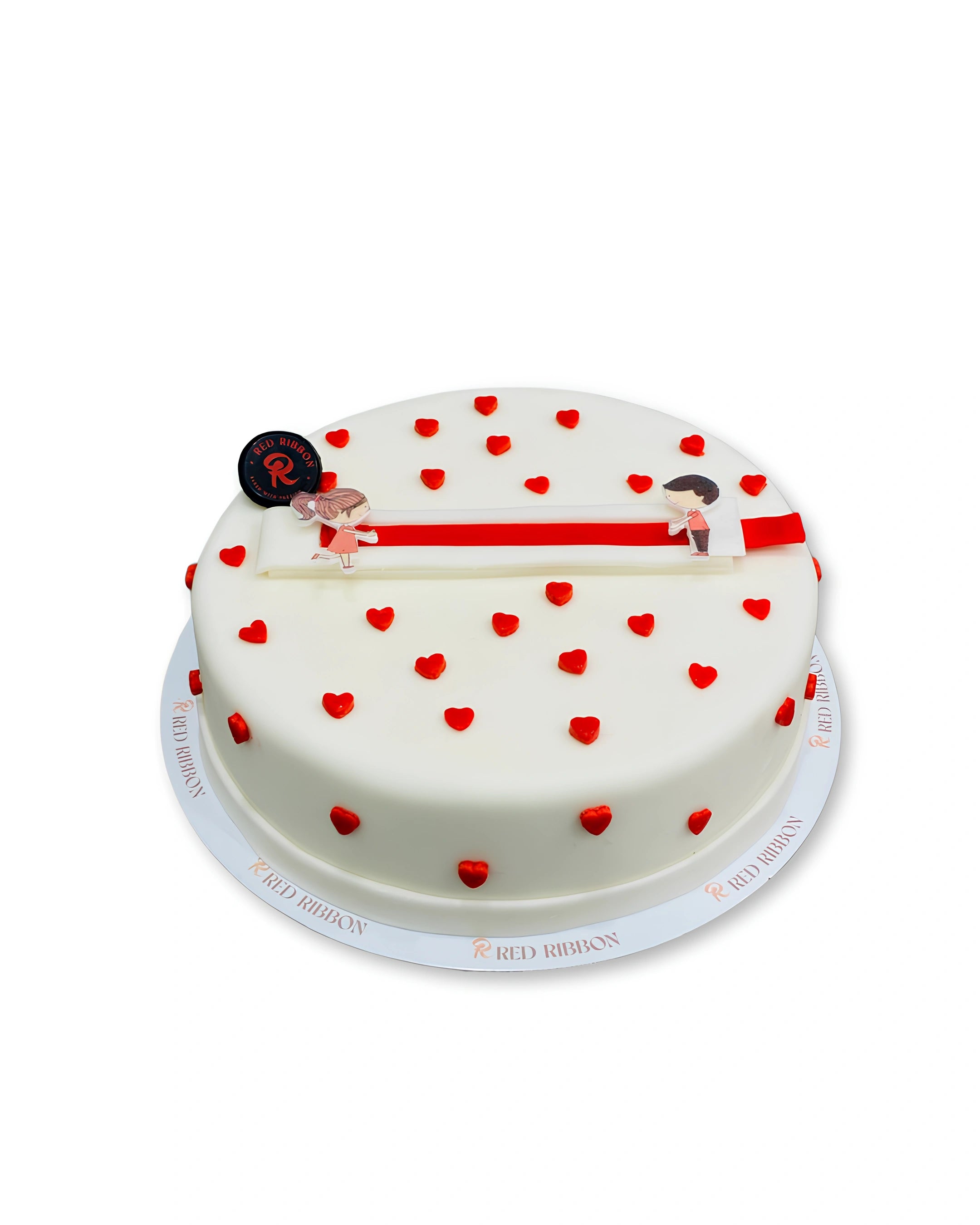 Love proposal themed cake by Red Ribbon Cakes with red heart decorations and couple design, romantic celebration cake in Dubai