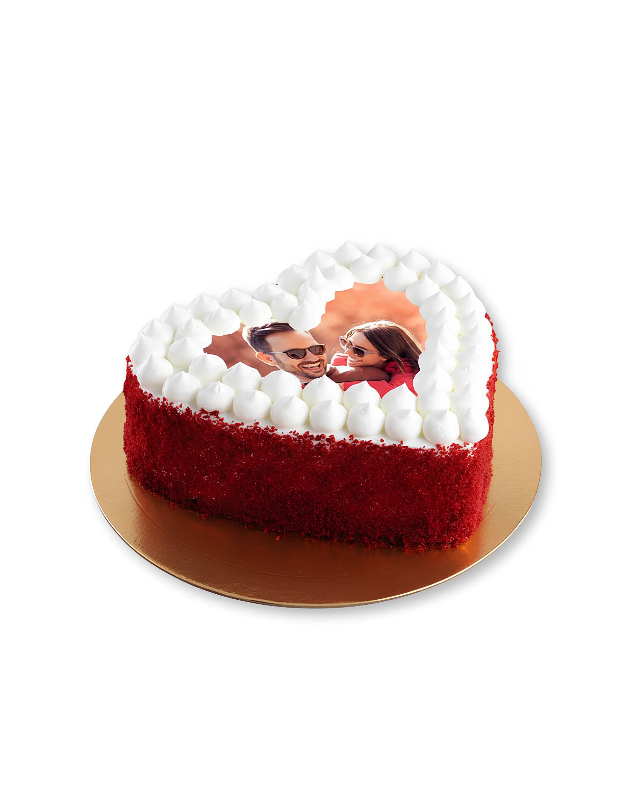 Love shaped personalized photo cake with custom couple image and red velvet finish, romantic photo cake delivery in Dubai