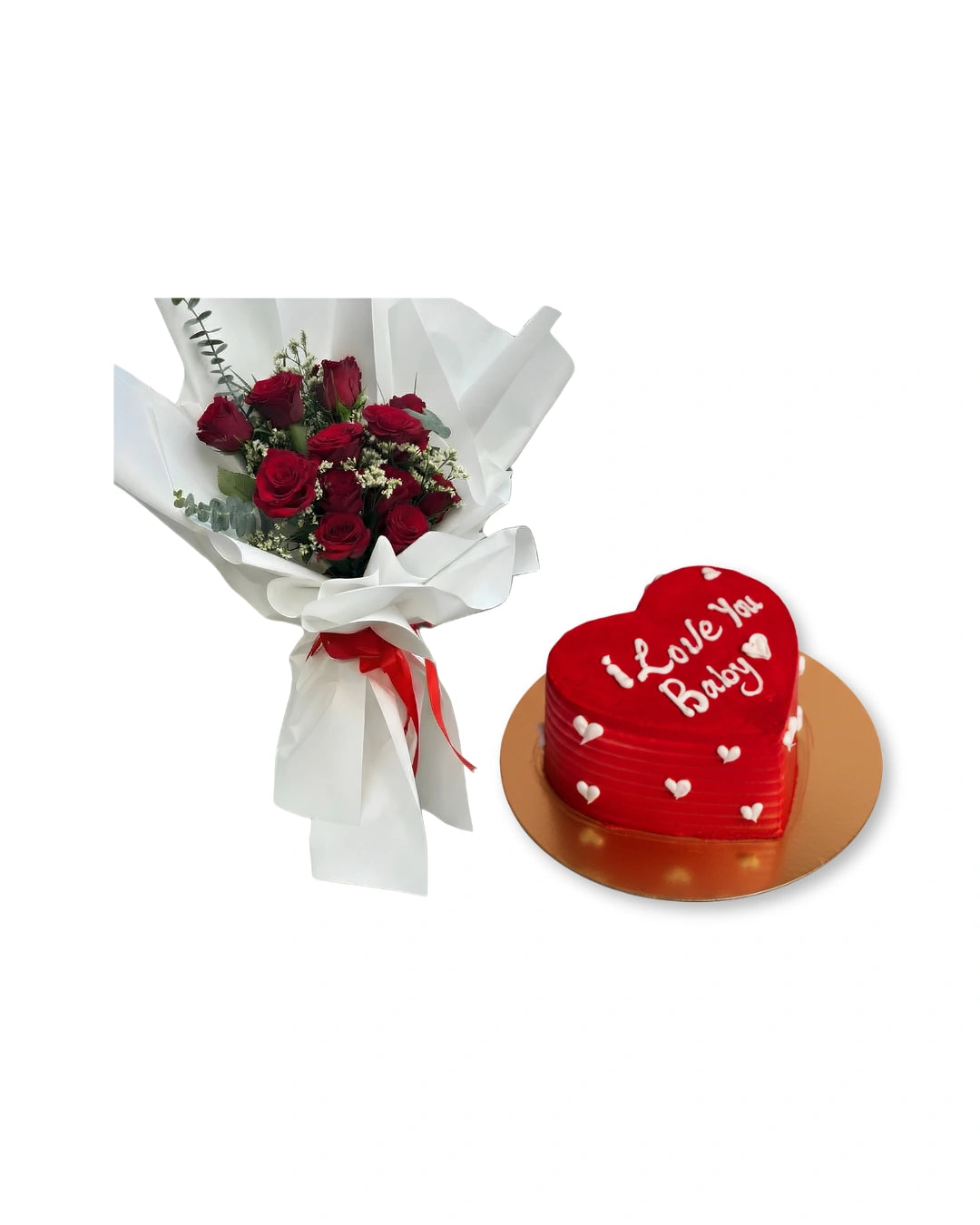 love you baby combo red rose bouquet with red heart valentine best cake in dubai