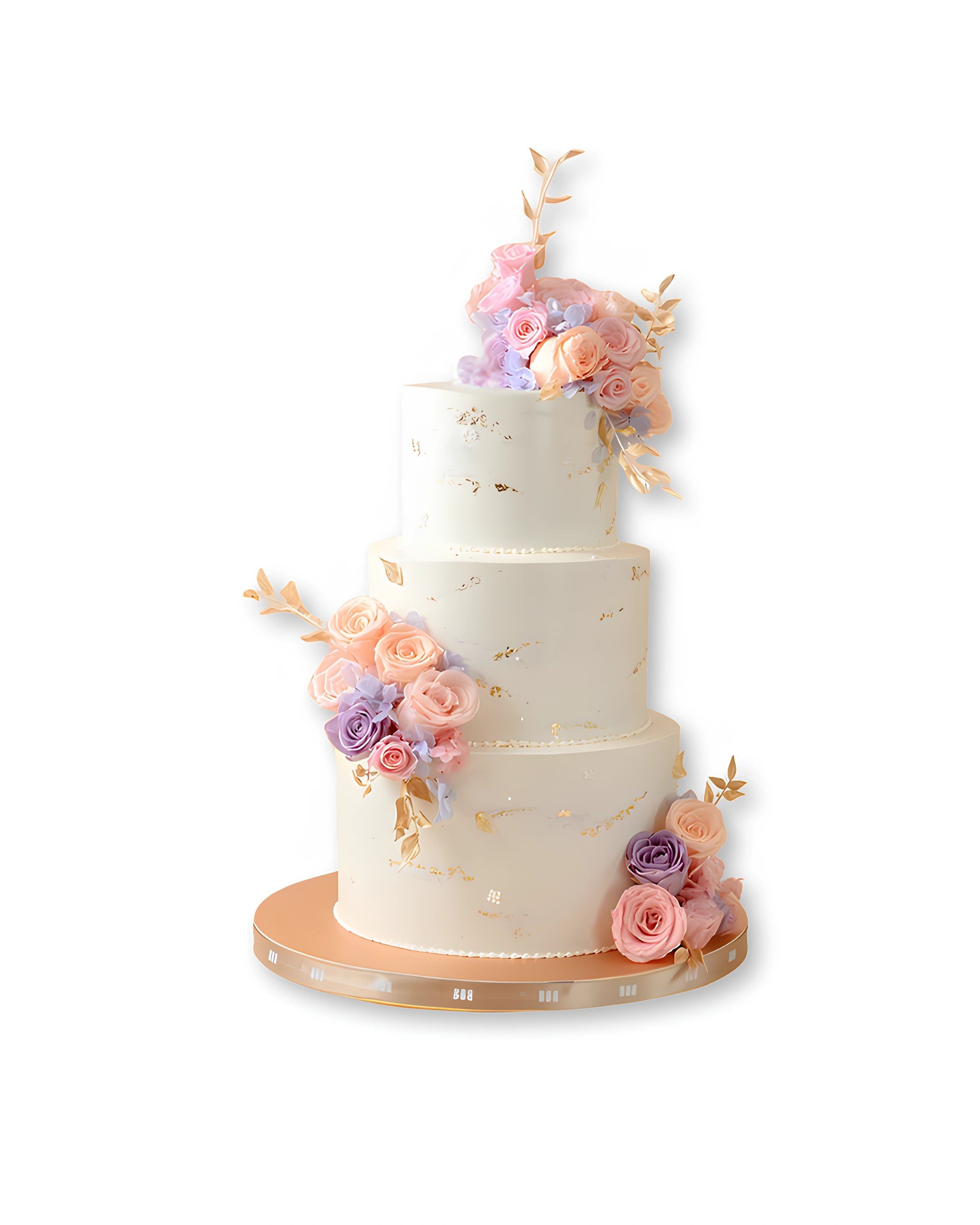 Luxury multi tier wedding cake with pastel flowers and golden accents, premium wedding cake by Red Ribbon Cakes in Dubai