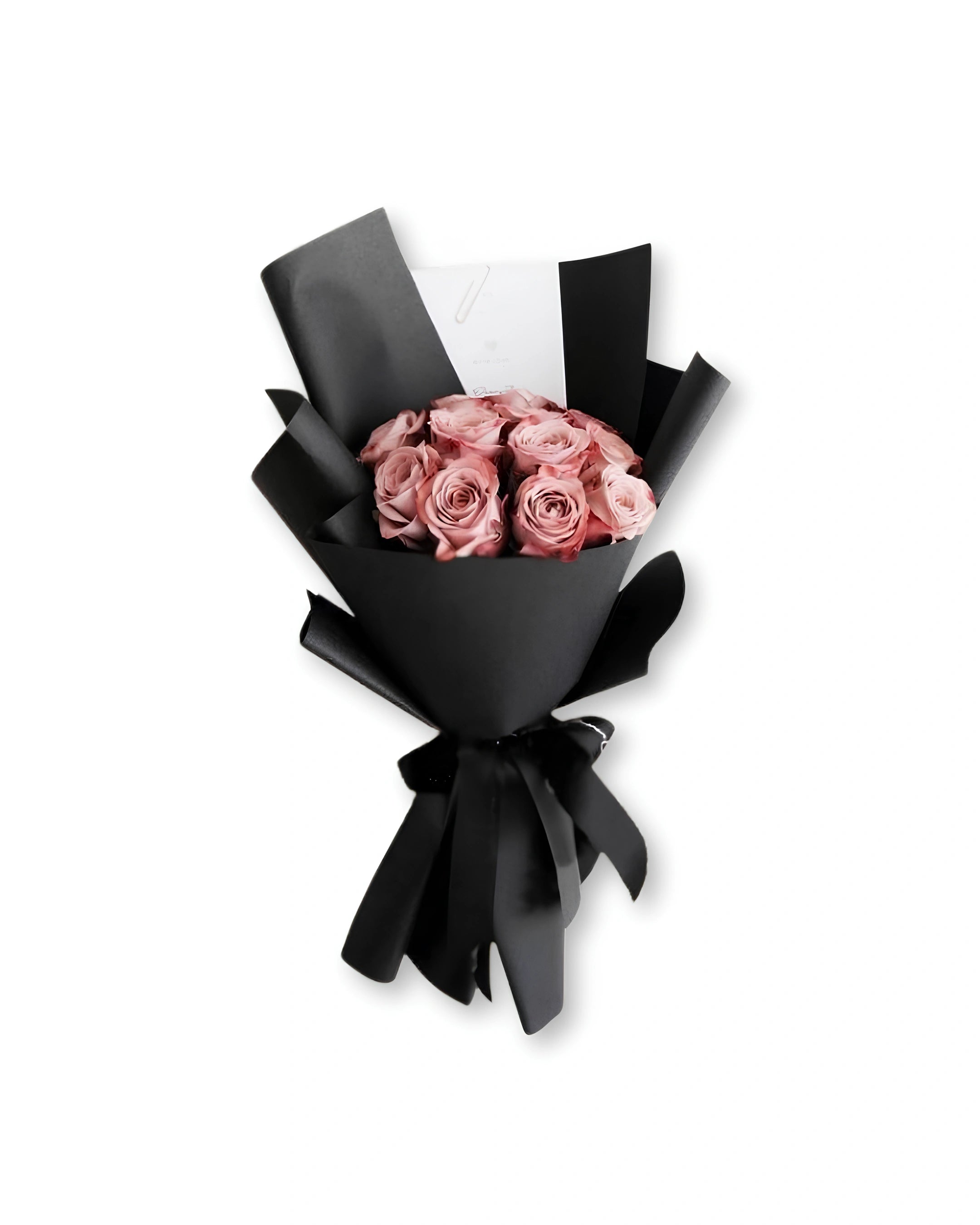 Midnight blush bouquet with soft pink roses wrapped in black paper, luxury rose flower bouquet in Dubai