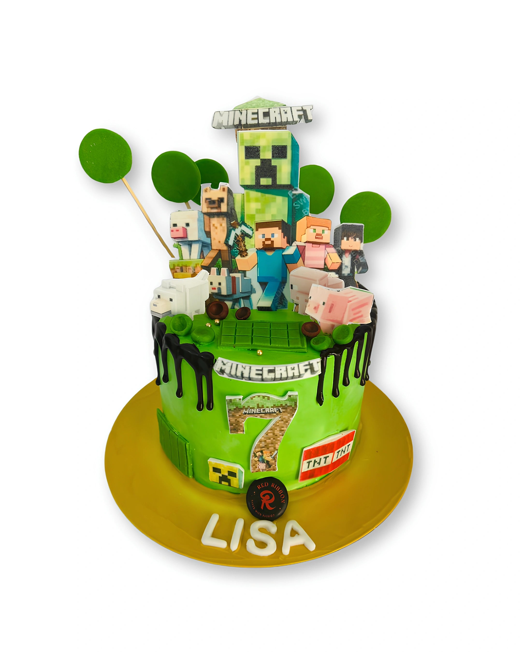 Minecraft themed birthday cake by Red Ribbon Cakes with game characters and pixel design, custom kids cake in Dubai