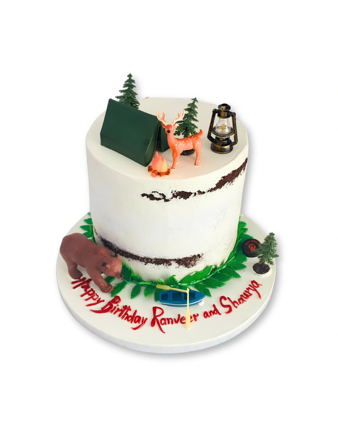 nature escape camping theme birthday cake with forest, tent and outdoor adventure design