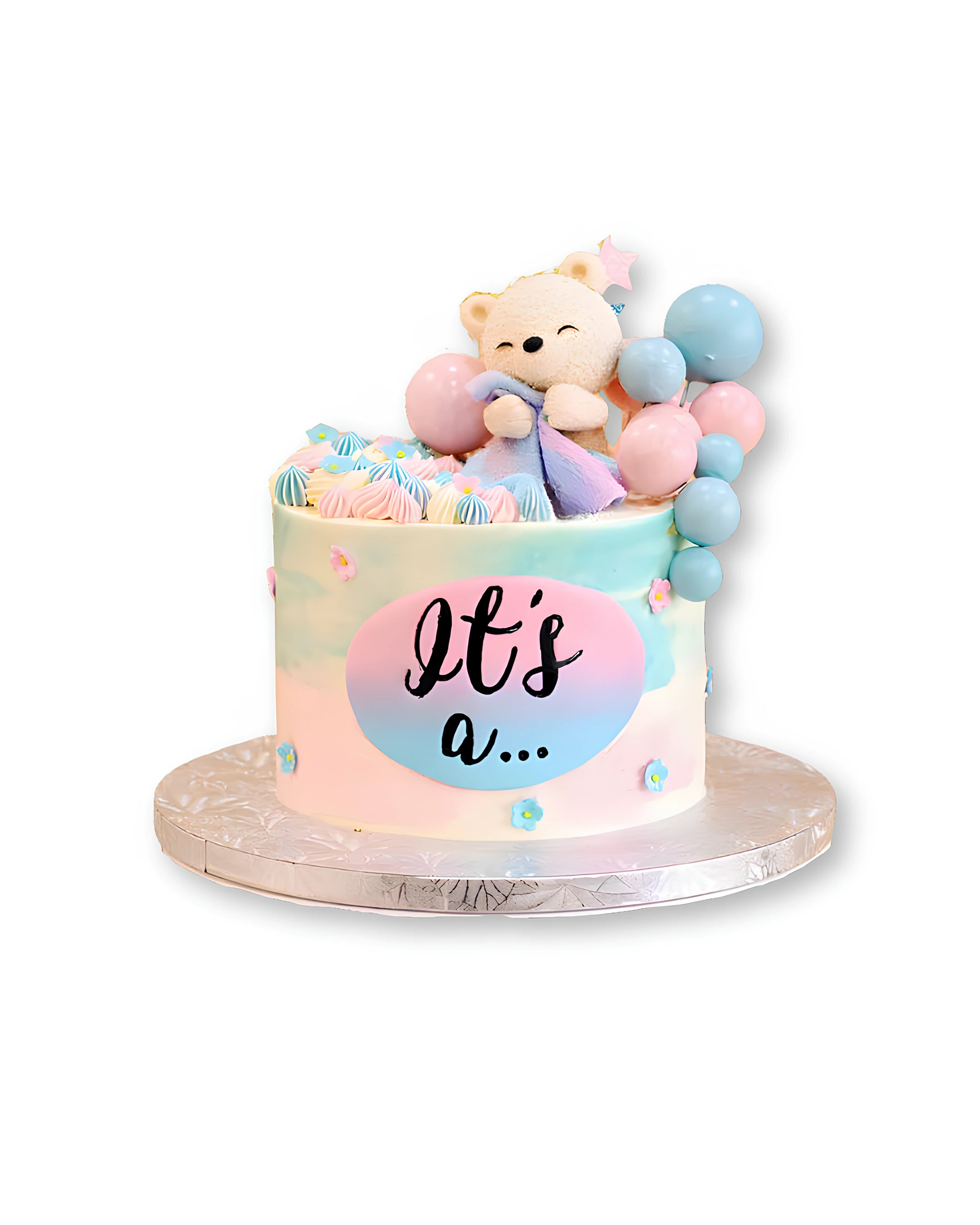 Peek a boo gender reveal cake with teddy topper and pastel balloon decorations, baby gender reveal cake by Red Ribbon Cakes Dubai