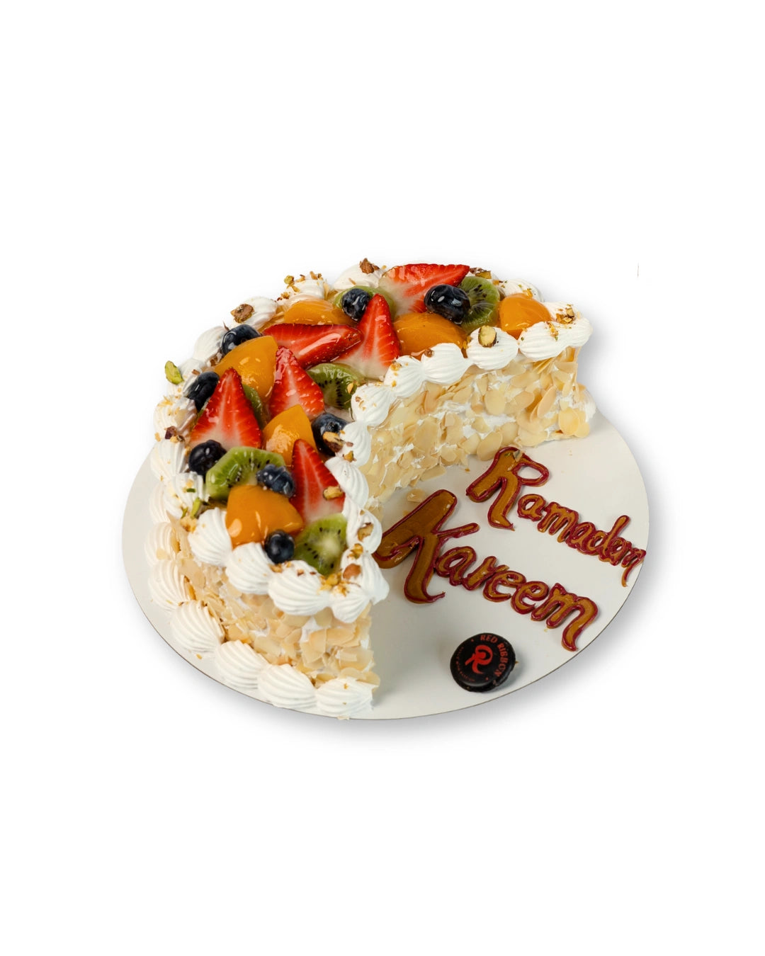 ramadan kareem fresh fruit cake with strawberries, kiwi and blueberries ,dubai ramadan cake delivery
ramadan fruit celebration cake with whipped cream and almond flakes dubai