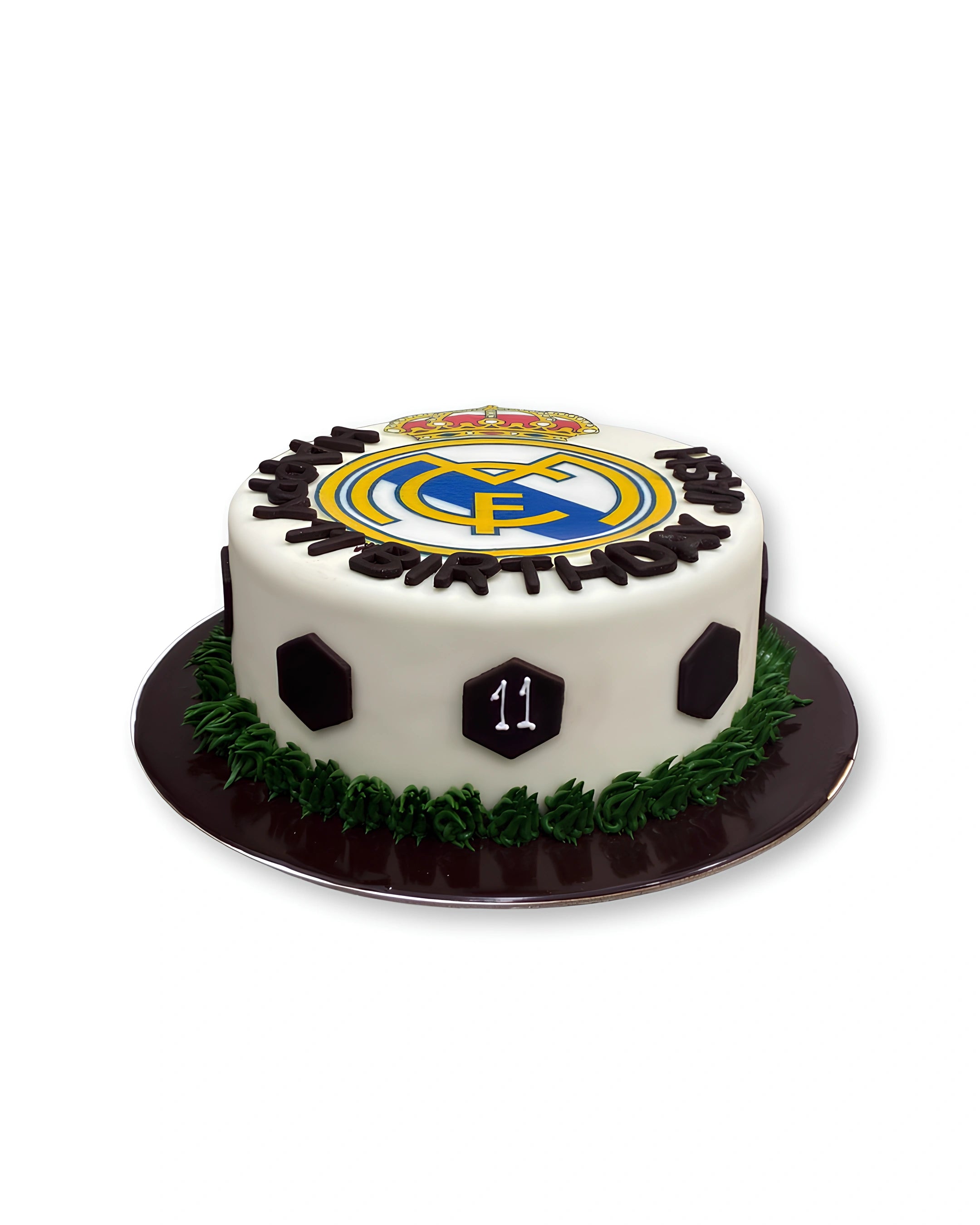 Real Madrid football themed cake by Red Ribbon Cakes with club logo and football design, custom soccer birthday cake in Dubai