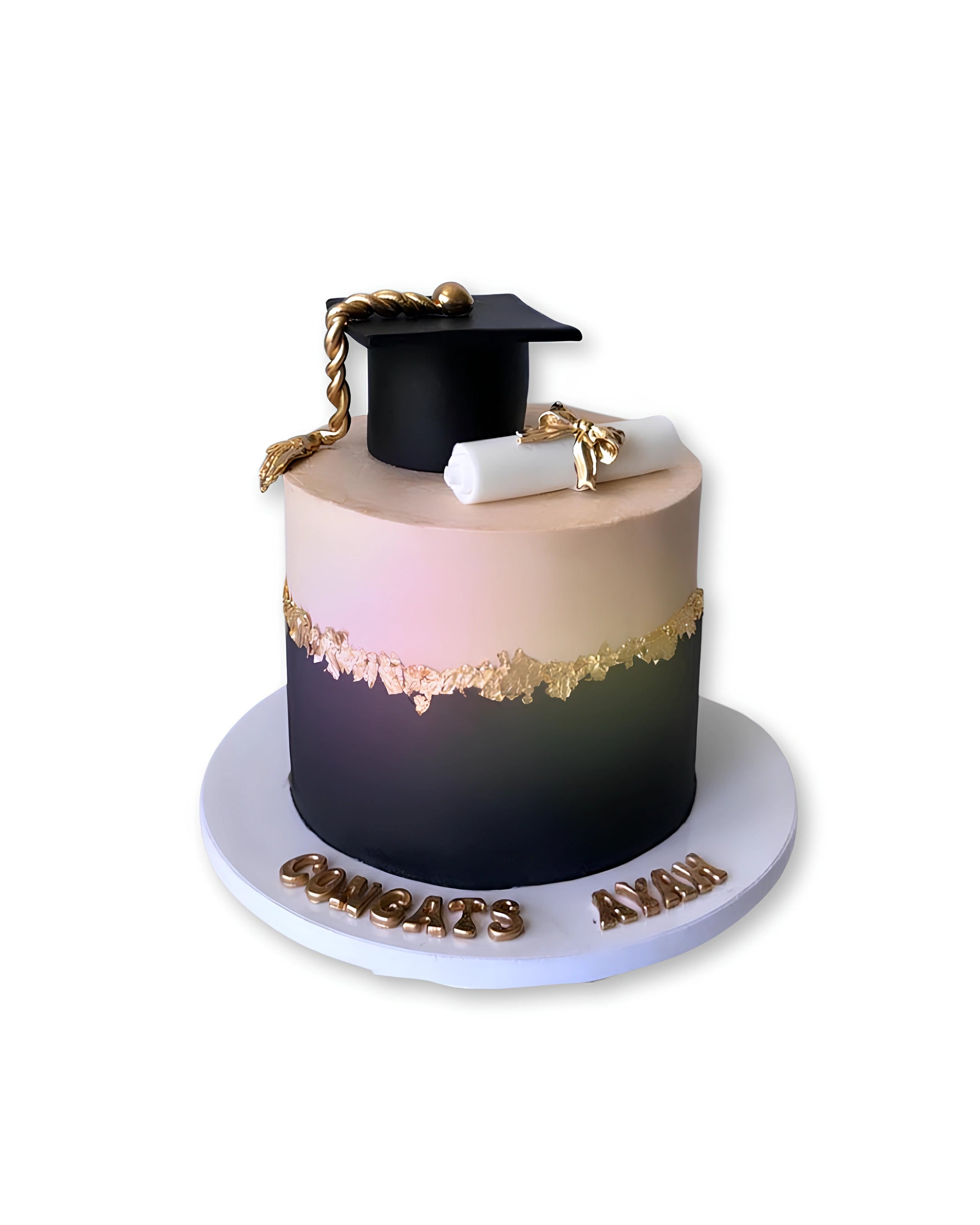 Royal blend graduation cake with black and gold finish and graduation cap topper, luxury graduation cake by Red Ribbon Cakes in Dubai