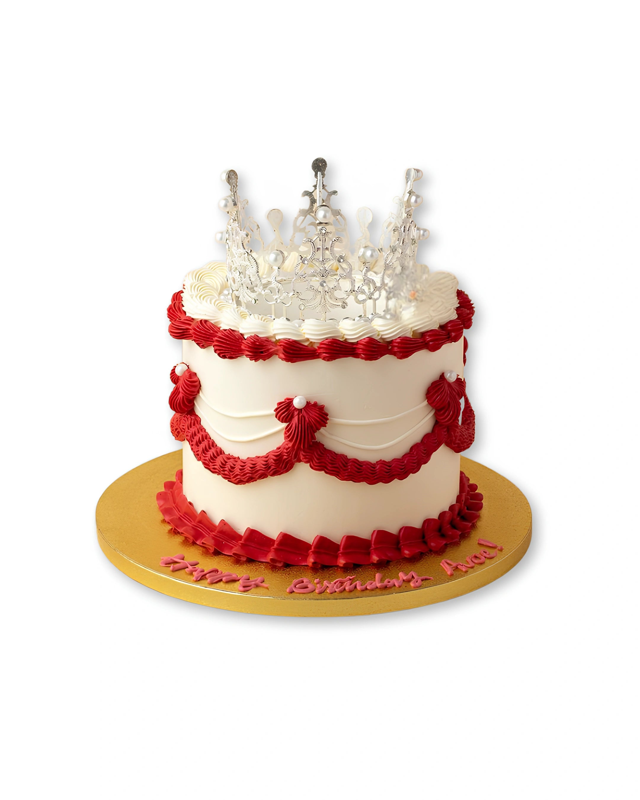 Royal majesty wedding cake with crown topper and red decorative piping, luxury wedding cake by Red Ribbon Cakes in Dubai