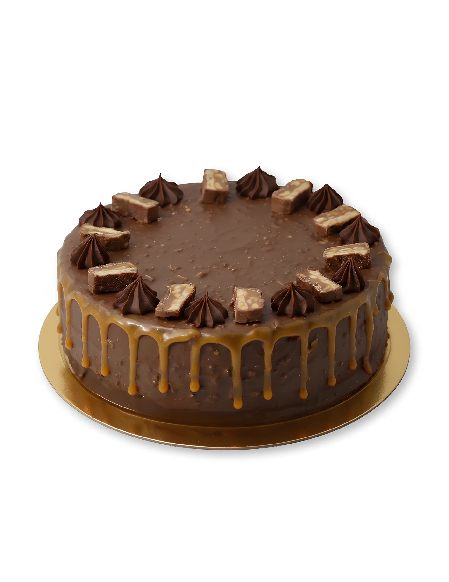 Snickers Chocolate Cake by Red Ribbon Cakes – rich chocolate cake with Snickers chunks and caramel topping, ideal birthday cake in Dubai