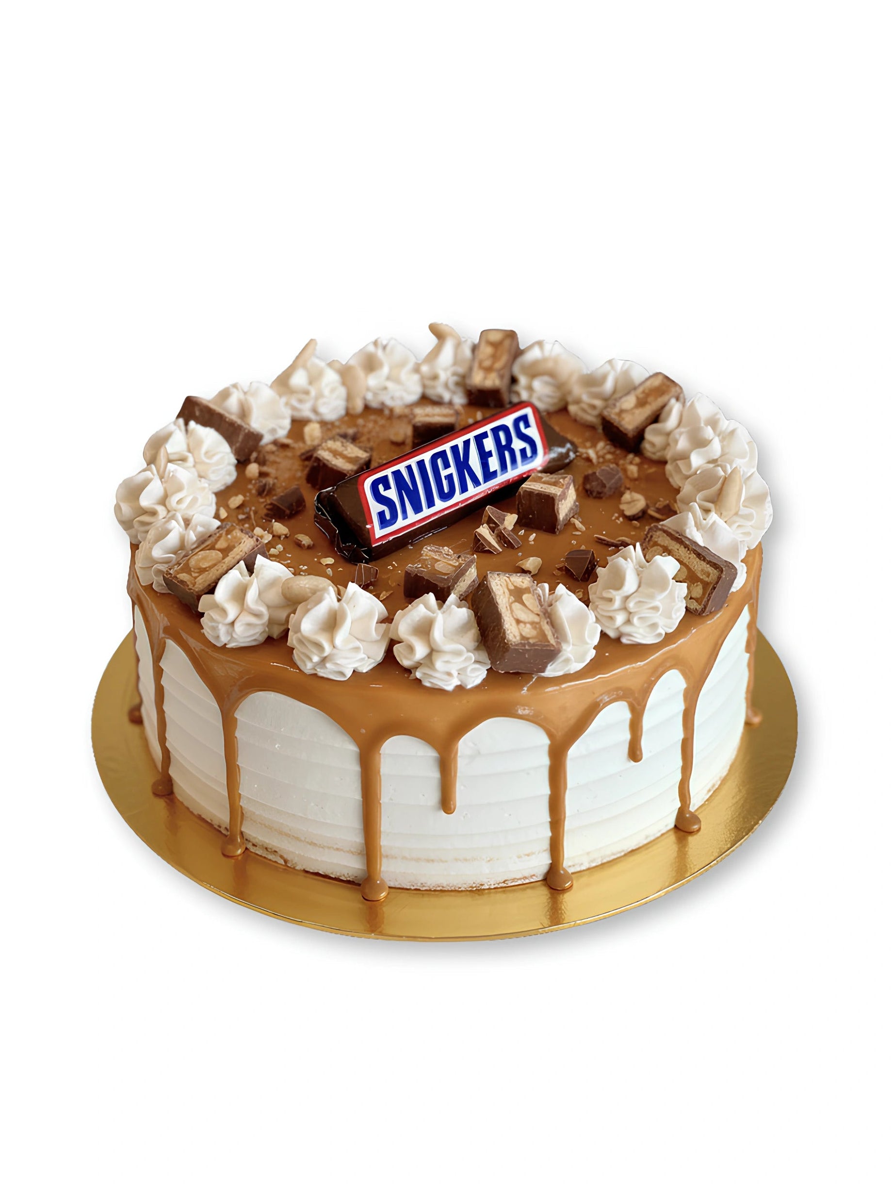 Snickers Fudge Cake by Red Ribbon Cakes – chocolate fudge cake topped with Snickers bar and caramel drizzle, best chocolate cake in UAE