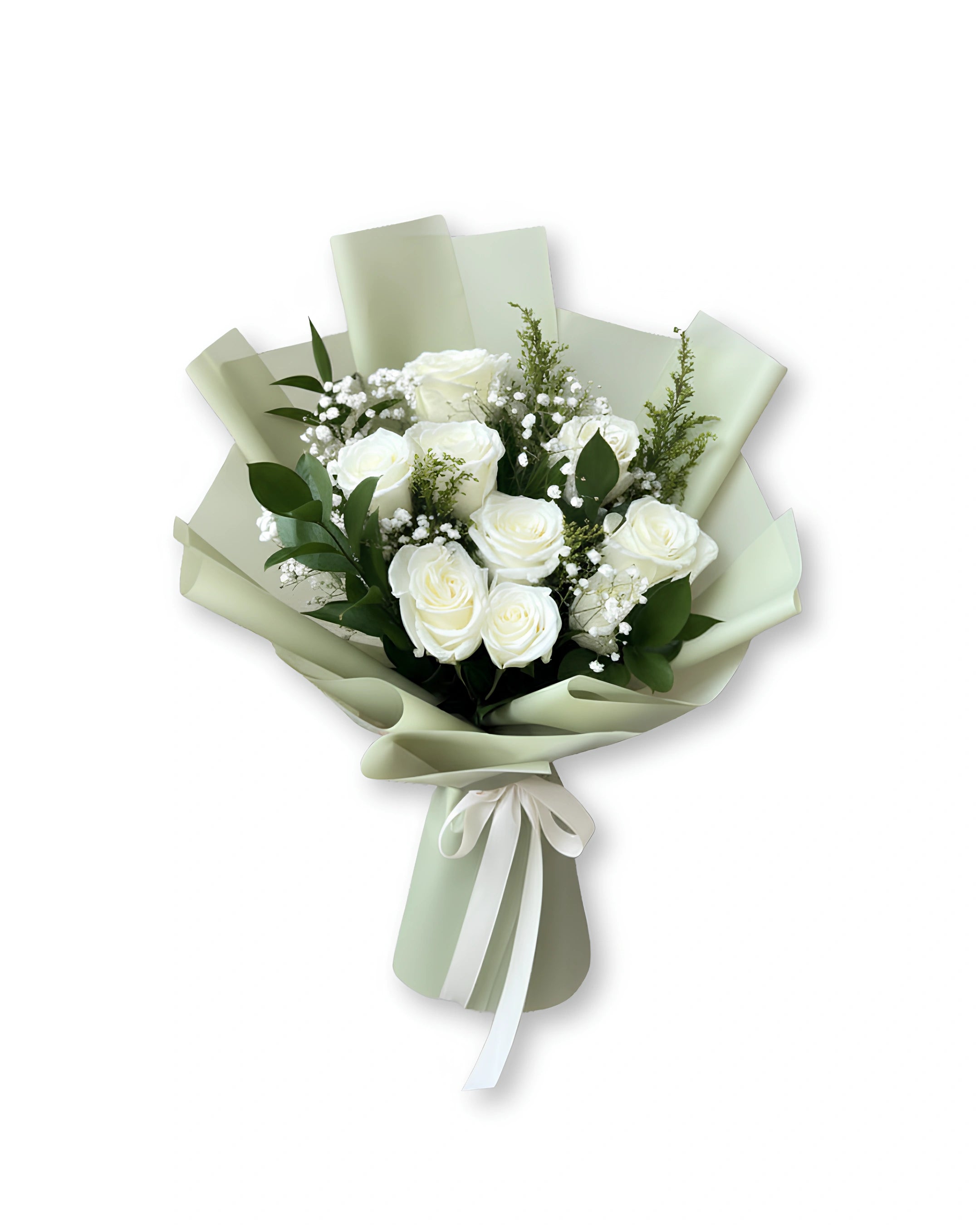 Snow petal roses bouquet with fresh white roses and elegant wrapping, classic white rose flower bouquet in Dubai