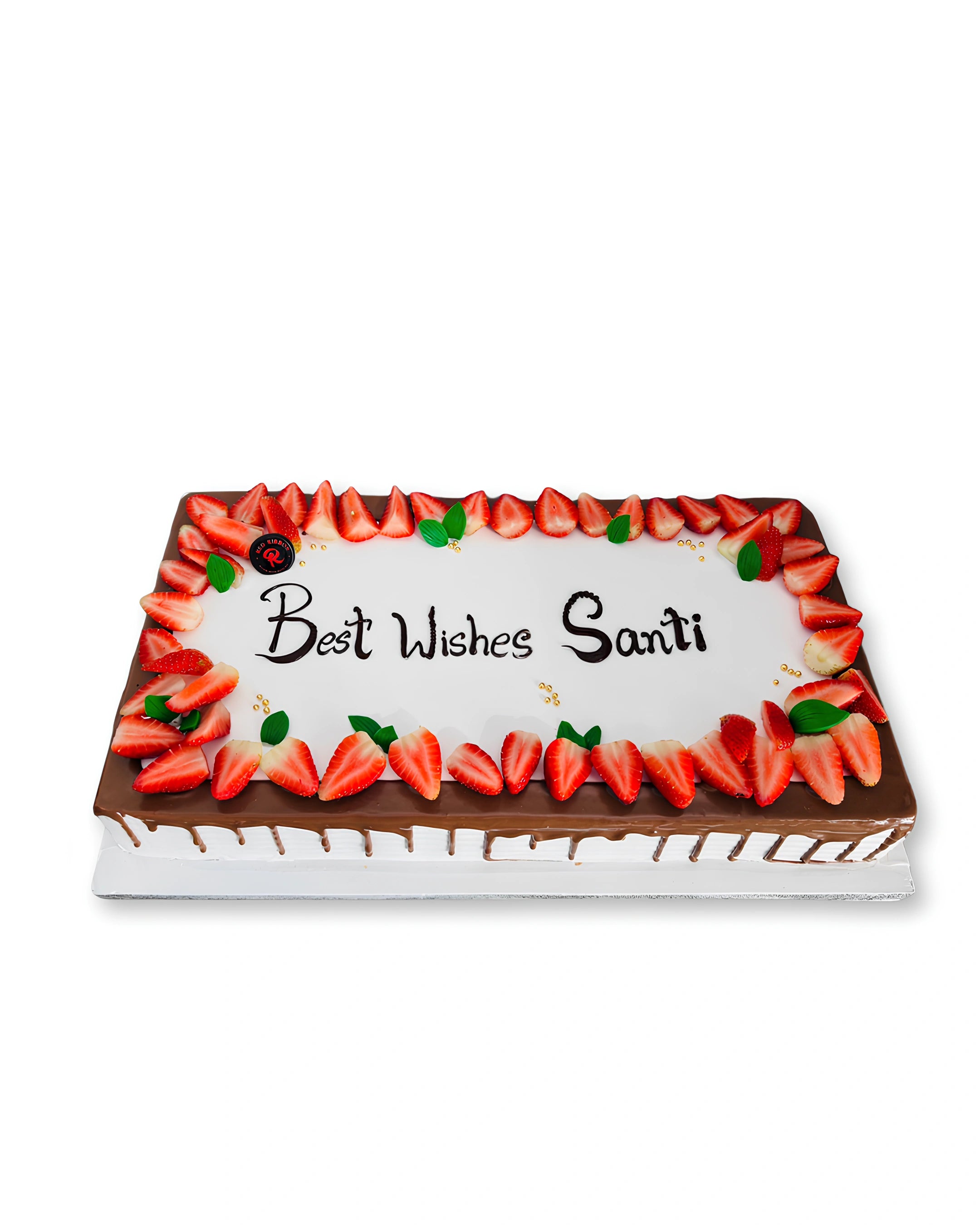 Strawberry chocolate rectangle cake by Red Ribbon Cakes with fresh strawberries and personalized message, custom celebration cake in Dubai