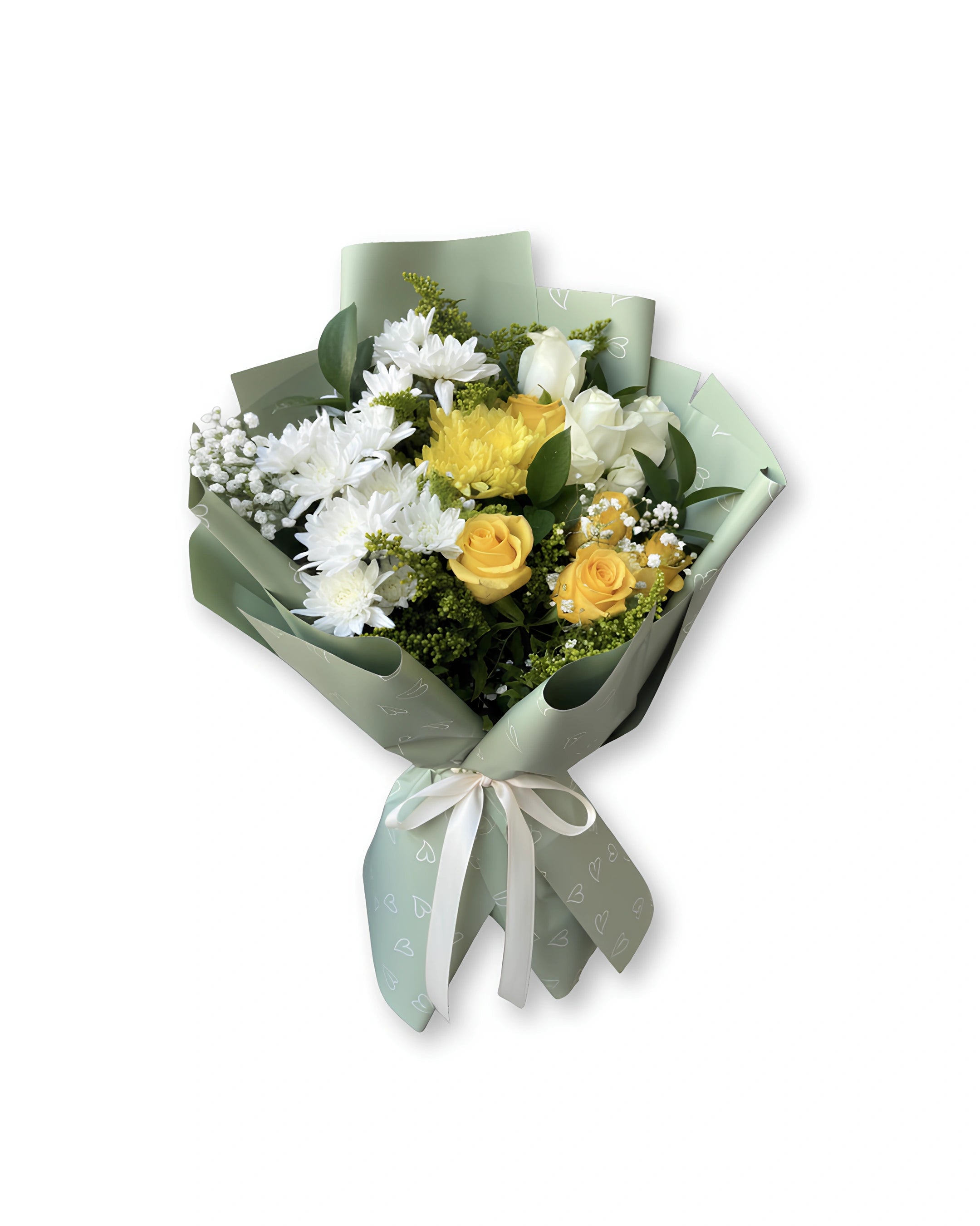 Sunshine harmony bouquet with yellow roses and white flowers wrapped in pastel green paper, fresh flower bouquet delivery in Dubai