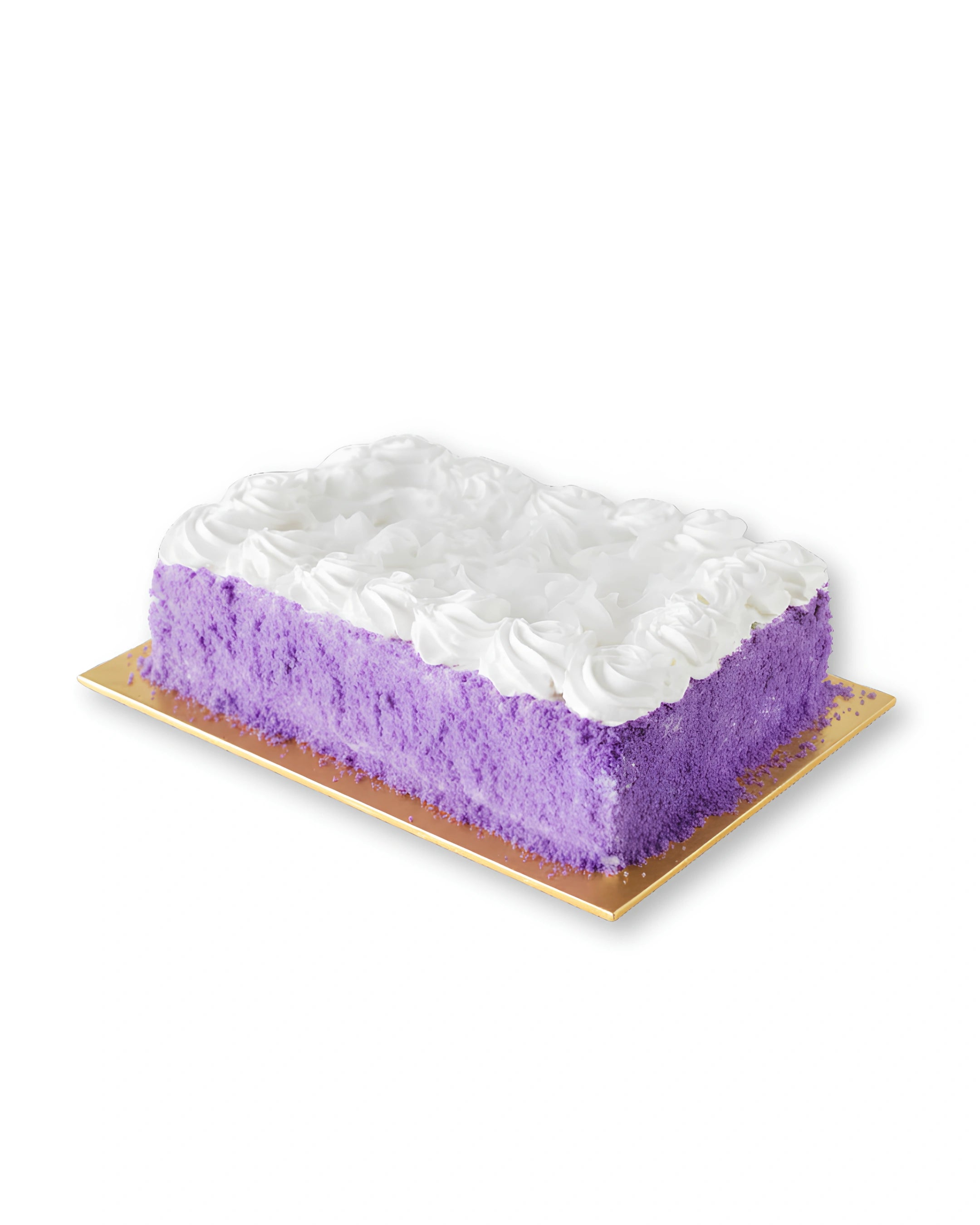 Ube macapuno square cake with creamy purple ube frosting, soft sponge layers, and rich macapuno coconut filling, presented in a neat square shape on a cake board
