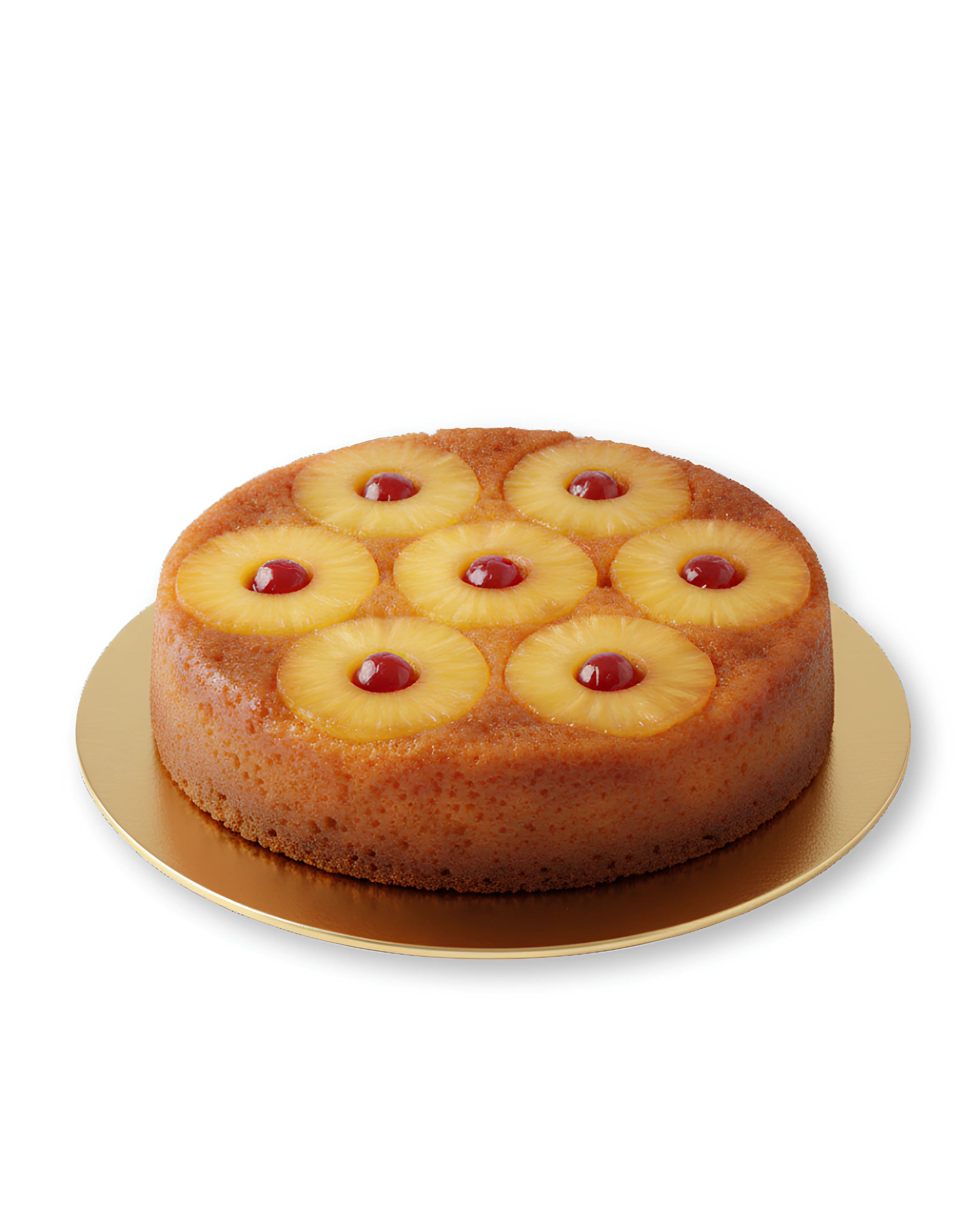 Upside down pineapple caramel cake with caramelized pineapple rings, glazed sponge texture, red cherry centers, and classic round design on a gold cake board