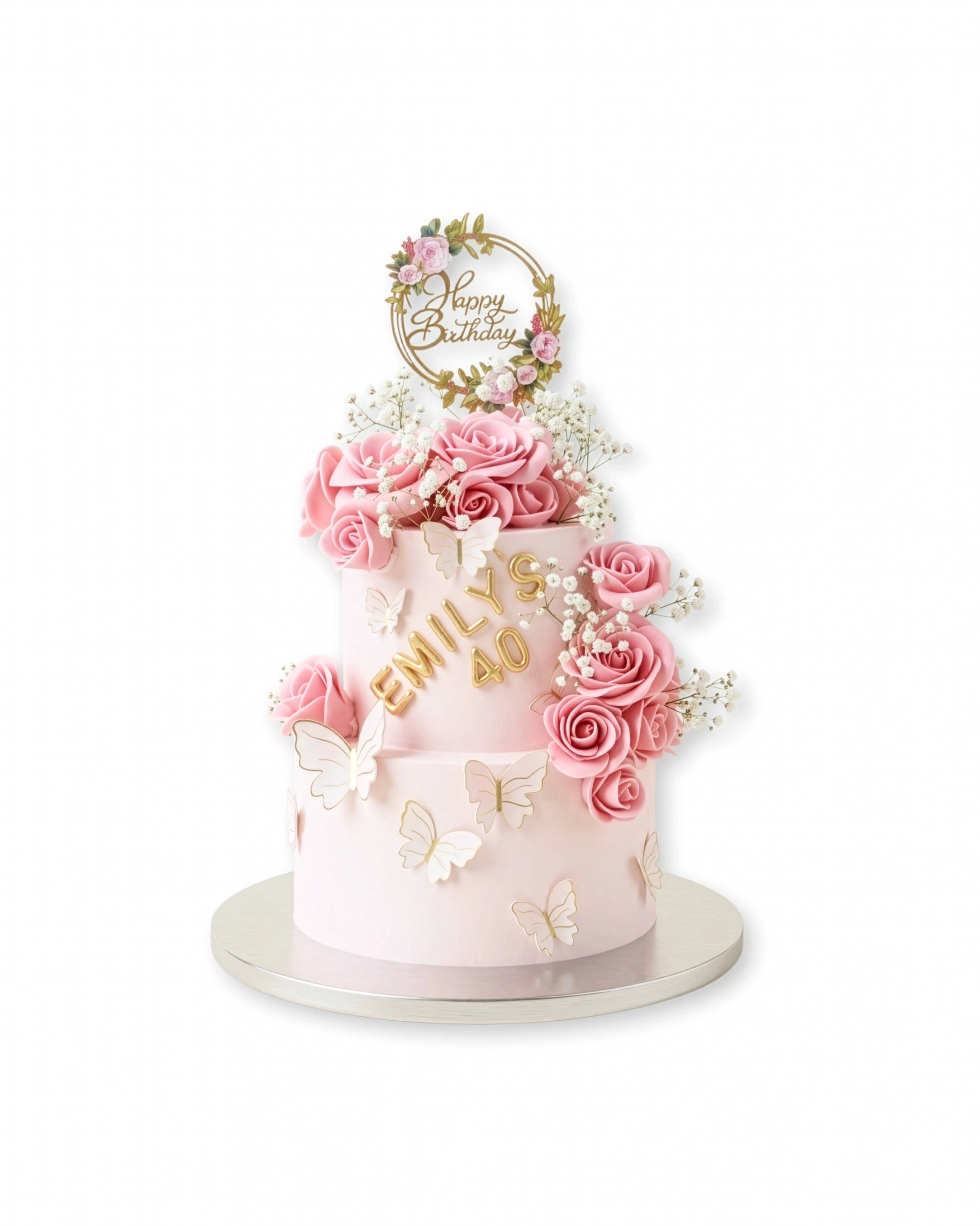 Blushing butterfly wedding cake with pink florals and butterfly accents, elegant wedding cake design by Red Ribbon Cakes Dubai
