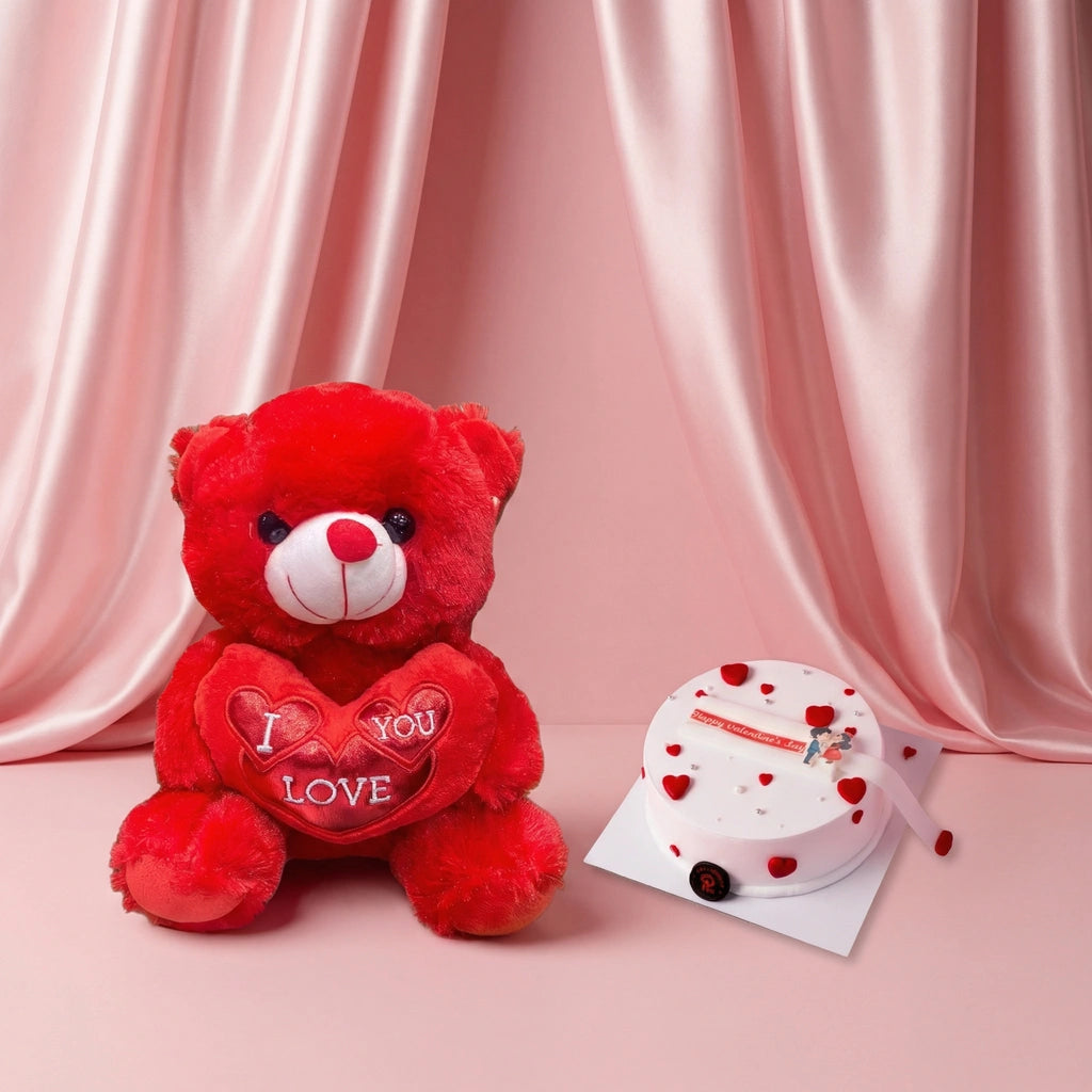 cute valentine combo red teddy bear with valentine cake best cake in dubai