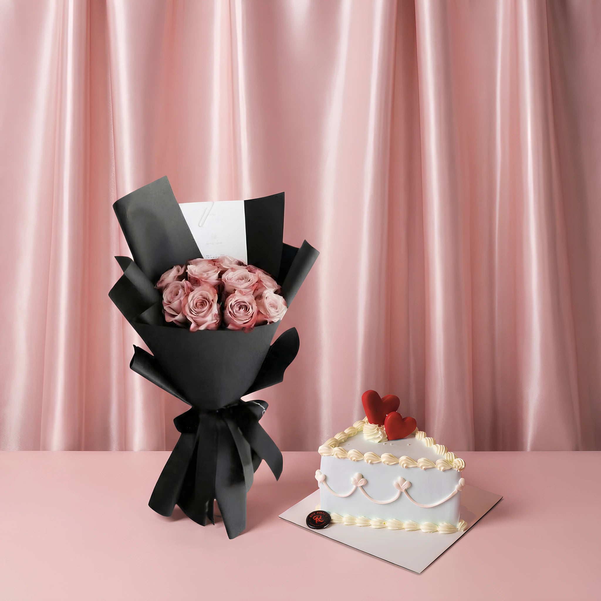 elegant romance combo rose bouquet with white heart valentine cake best cake in dubai