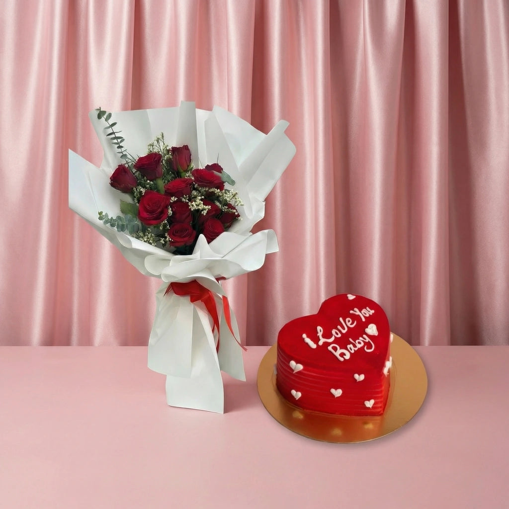love you baby combo red rose bouquet with red heart valentine cake best cake in dubai