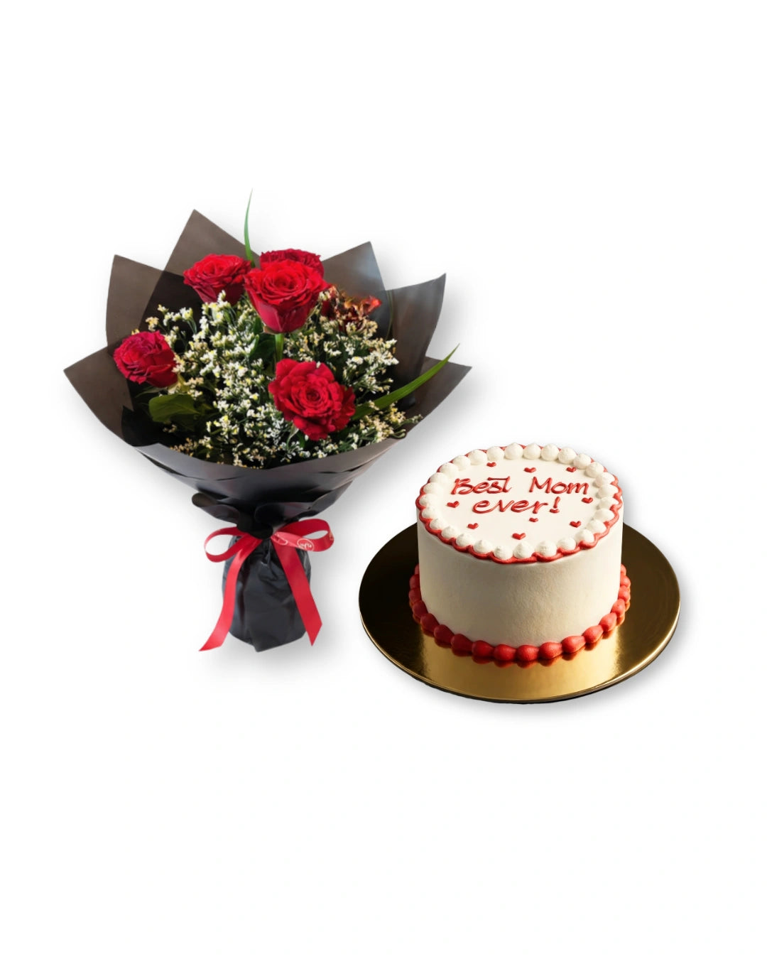 Mother's Day combo featuring a bouquet of red roses wrapped in black paper with a red ribbon, paired with a white frosted cake decorated with red piping and "Best Mom Ever!" message on top, placed on a gold cake board